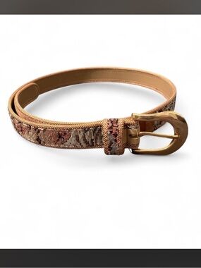 Woven Pattern Tan Leather-Trim Women's Belt with Gold Buckle